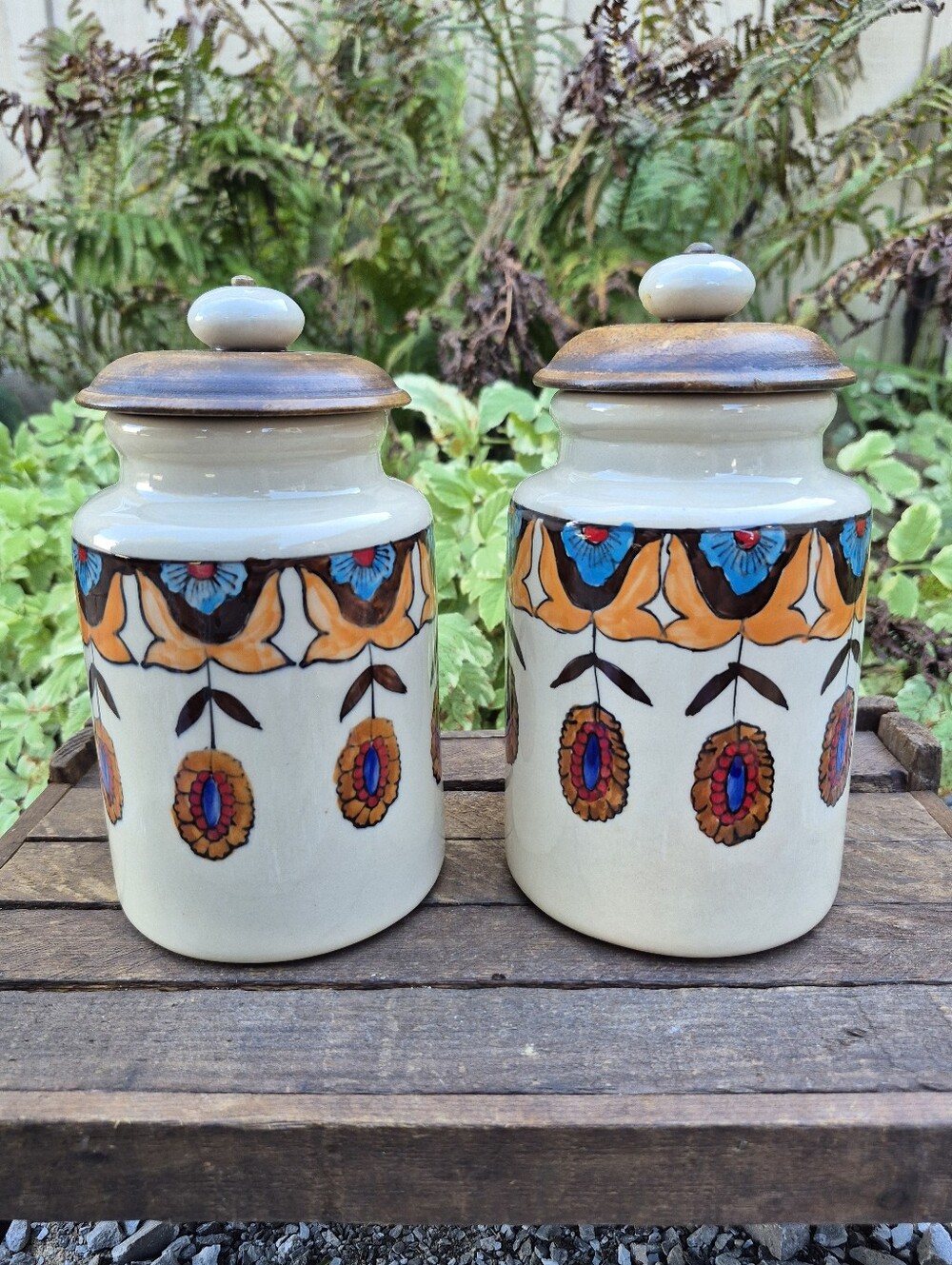 Vintage Pier 1 Hand Painted Ceramic Canisters Pair Boho Floral Storage Jars